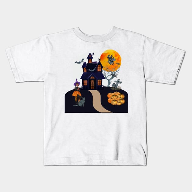 Spooky Halloween haunted house. Kids T-Shirt by AJ techDesigns